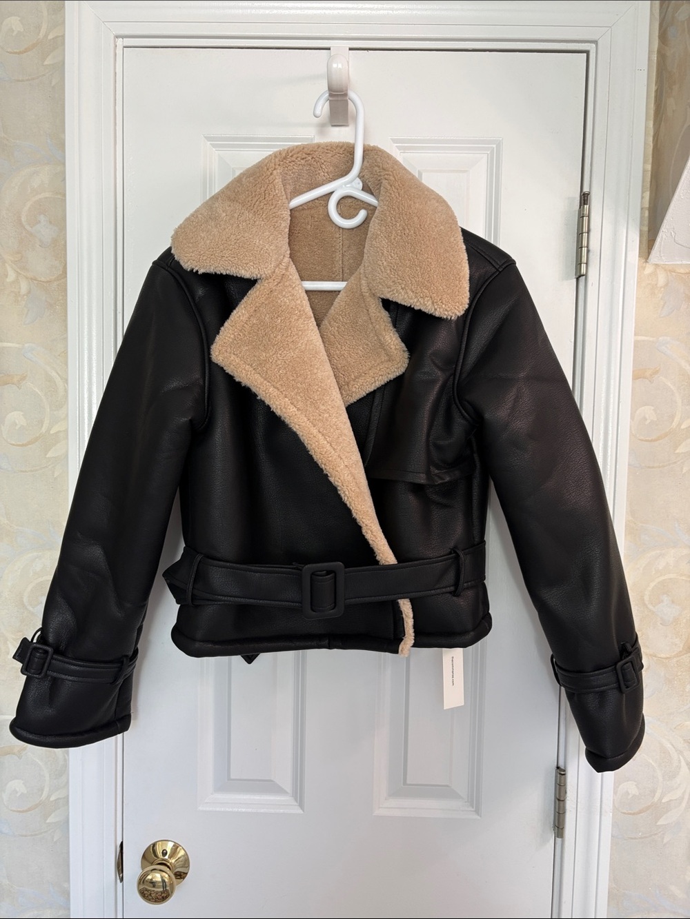 Commense Too Blessed Sherpa Lined Faux Leather Shearling Belted Flight Jacket